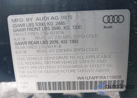 2015 Audi Q5 2.0T Premium z USA, uszkodzony, nr VIN WA1LFAFP7FA119828